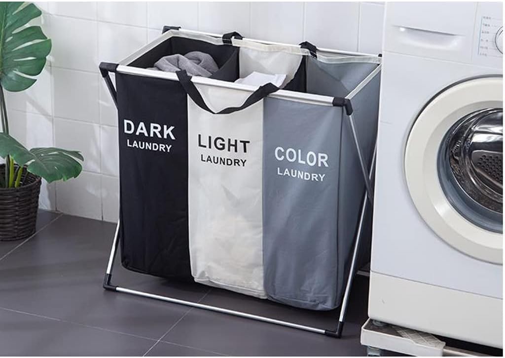 Cesta de Ropa 3 Compartimentos, Organizador Portátil, Lona Resistente, Metálica