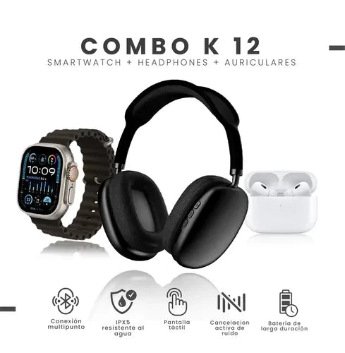 Combo K12 Audífonos Diadema Inalámbricos, Smartwatch 7 Correas, Accesorios