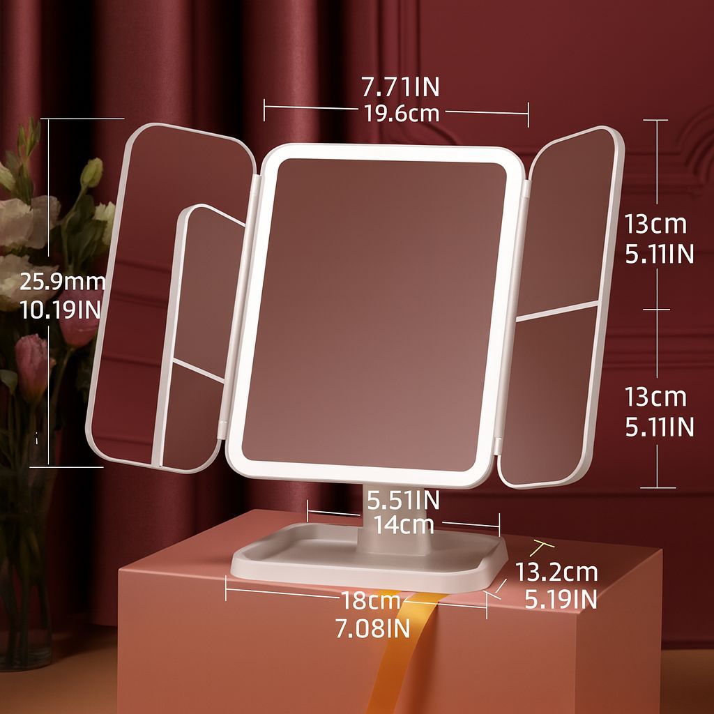 Espejo de Maquillaje Trifolding con Luz LED, Espejo de Tocador Portátil USB y Batería