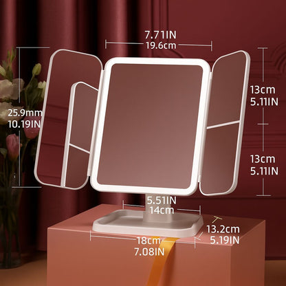 Espejo de Maquillaje Trifolding con Luz LED, Espejo de Tocador Portátil USB y Batería
