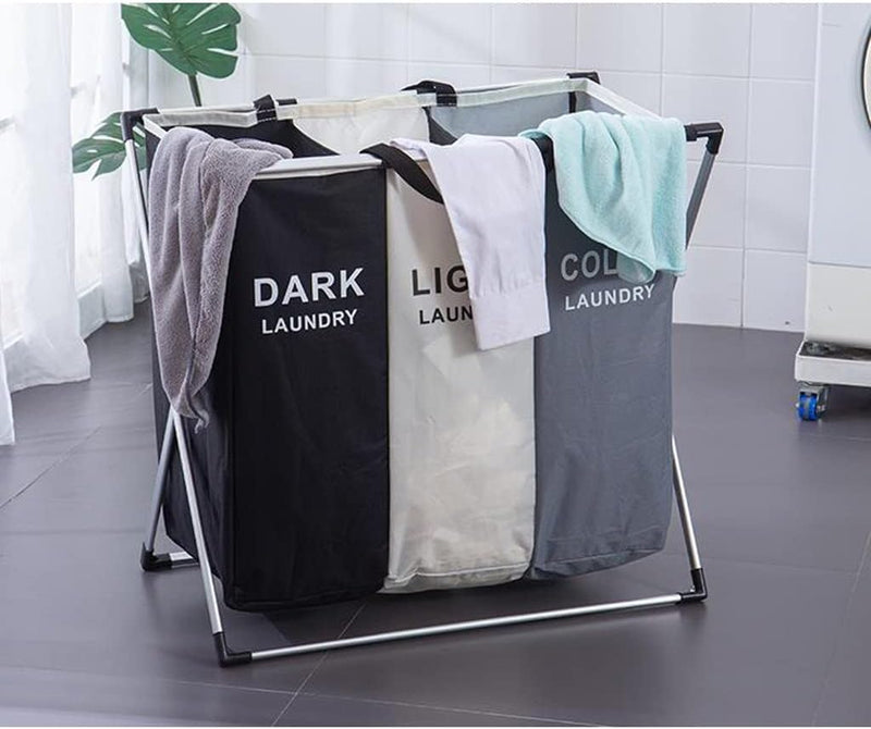 Cesta de Ropa 3 Compartimentos, Organizador Portátil, Lona Resistente, Metálica