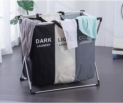 Cesta de Ropa 3 Compartimentos, Organizador Portátil, Lona Resistente, Metálica