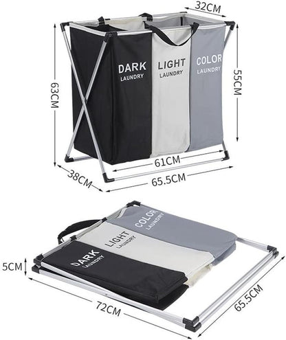 Cesta de Ropa 3 Compartimentos, Organizador Portátil, Lona Resistente, Metálica