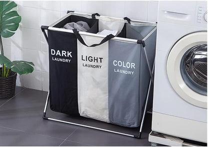 Cesta de Ropa 3 Compartimentos, Organizador Portátil, Lona Resistente, Metálica