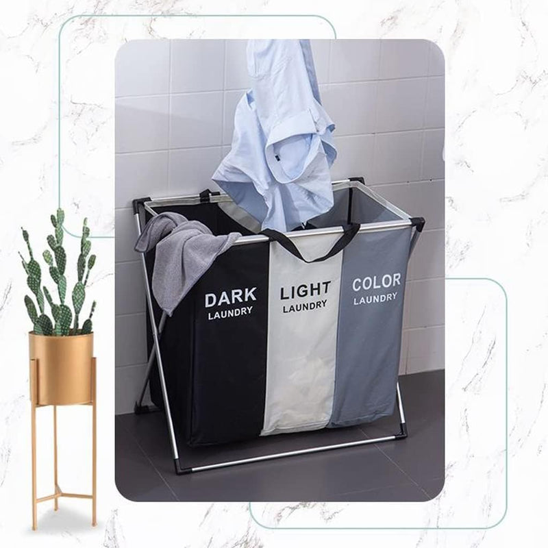Cesta de Ropa 3 Compartimentos, Organizador Portátil, Lona Resistente, Metálica