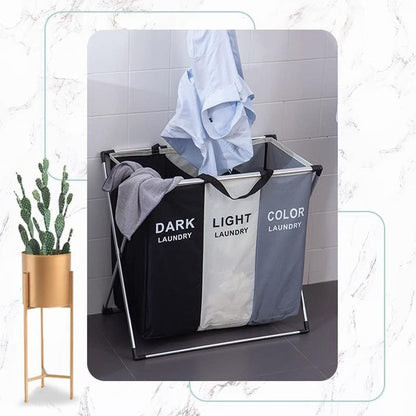 Cesta de Ropa 3 Compartimentos, Organizador Portátil, Lona Resistente, Metálica