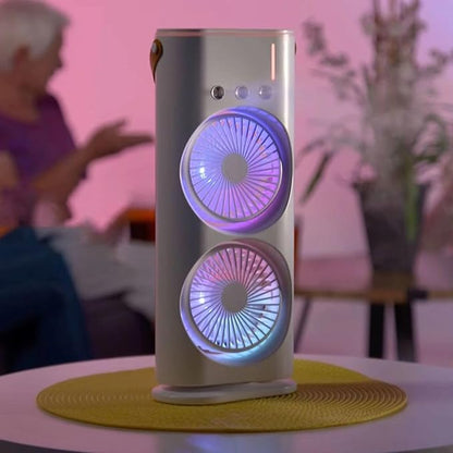 Ventilador Doble Portátil con Humidificador Integrado y Rotación Amplia, Humidificador Portátil de Escritorio con Giro 120°