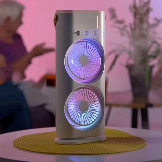 Ventilador Doble Portátil con Humidificador Integrado y Rotación Amplia, Humidificador Portátil de Escritorio con Giro 120°