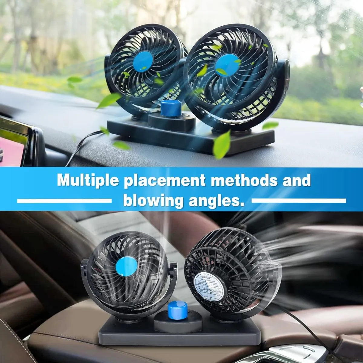 Ventilador Doble para Carro con Rotación 360, Ventilador Portátil 12V con 2 Velocidades