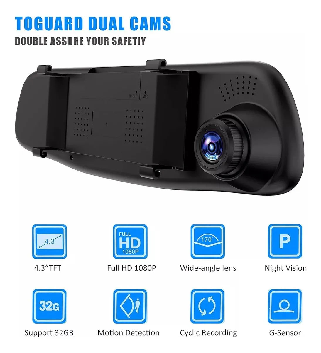 Espejo Retrovisor Inteligente con Doble Cámara Full HD, Dashcam Tipo Espejo Retrovisor con Pantalla de 4.3