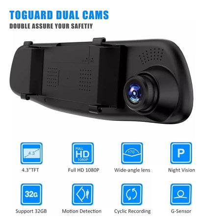 Espejo Retrovisor Inteligente con Doble Cámara Full HD, Dashcam Tipo Espejo Retrovisor con Pantalla de 4.3
