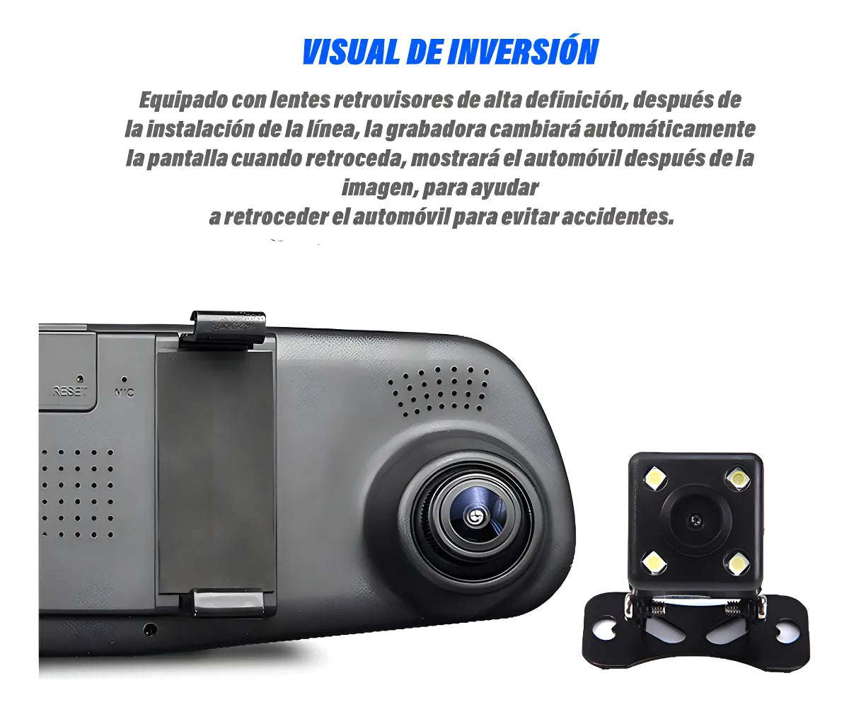 Espejo Retrovisor Inteligente con Doble Cámara Full HD, Dashcam Tipo Espejo Retrovisor con Pantalla de 4.3