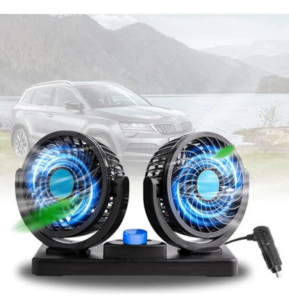 Ventilador Doble para Carro con Rotación 360, Ventilador Portátil 12V con 2 Velocidades