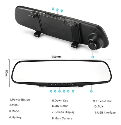 Espejo Retrovisor Inteligente con Doble Cámara Full HD, Dashcam Tipo Espejo Retrovisor con Pantalla de 4.3
