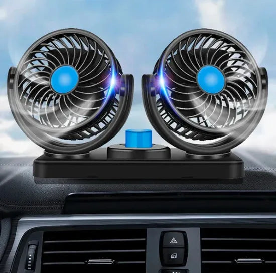 Ventilador Doble para Carro con Rotación 360, Ventilador Portátil 12V con 2 Velocidades
