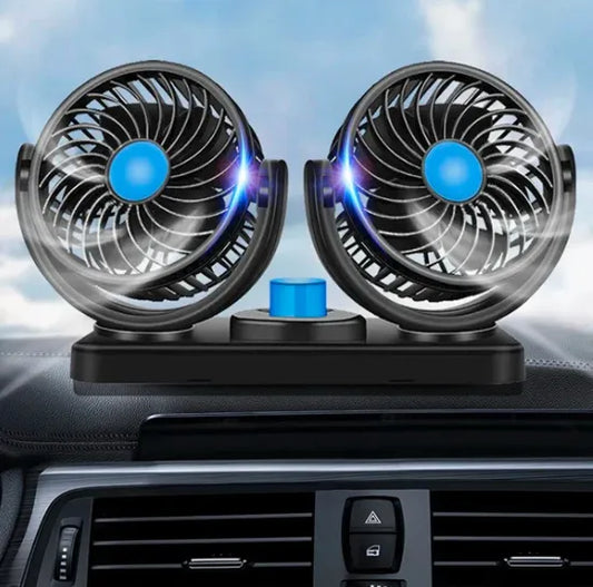 Ventilador Doble para Carro con Rotación 360, Ventilador Portátil 12V con 2 Velocidades