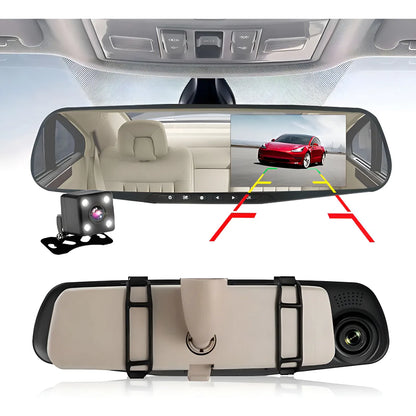 Espejo Retrovisor Inteligente con Doble Cámara Full HD, Dashcam Tipo Espejo Retrovisor con Pantalla de 4.3