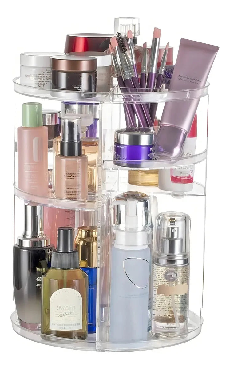 Organizador de Maquillaje Giratorio 360° con Estantes Ajustables, Torre Acrílica Transparente para Cosméticos