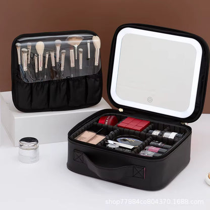 Cosmetiquera Portátil con Espejo LED Táctil y Luz Ajustable, Maletín de Maquillaje Profesional con Espejo Iluminado LED