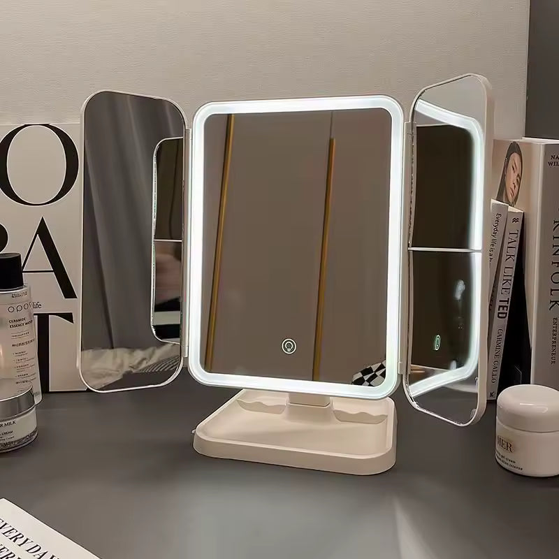 Espejo de Maquillaje Trifolding con Luz LED, Espejo de Tocador Portátil USB y Batería