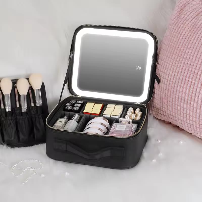 Cosmetiquera Portátil con Espejo LED Táctil y Luz Ajustable, Maletín de Maquillaje Profesional con Espejo Iluminado LED