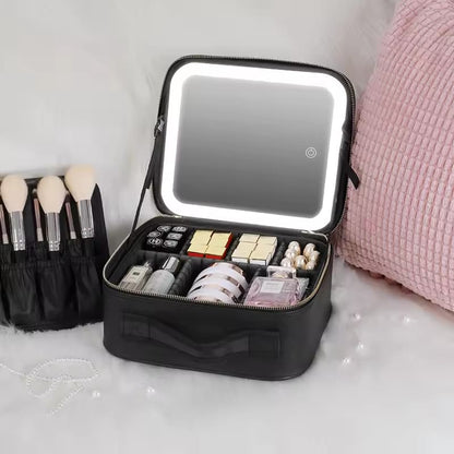 Cosmetiquera Portátil con Espejo LED Táctil y Luz Ajustable, Maletín de Maquillaje Profesional con Espejo Iluminado LED