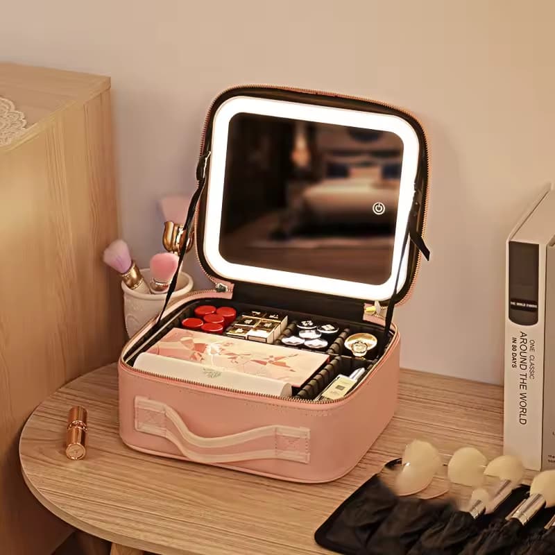 Cosmetiquera Portátil con Espejo LED Táctil y Luz Ajustable, Maletín de Maquillaje Profesional con Espejo Iluminado LED