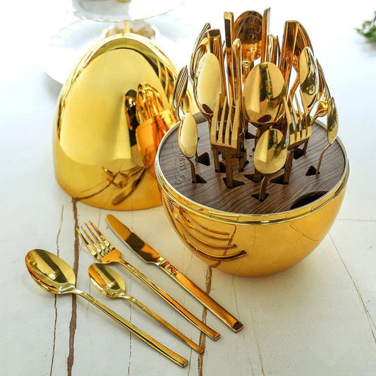 Set de Cubiertos Acero Inoxidable 24 Piezas con Cúpula, Dorado Plateado Oro Rosa
