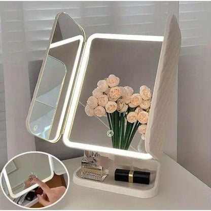 Espejo de Maquillaje Trifolding con Luz LED, Espejo de Tocador Portátil USB y Batería